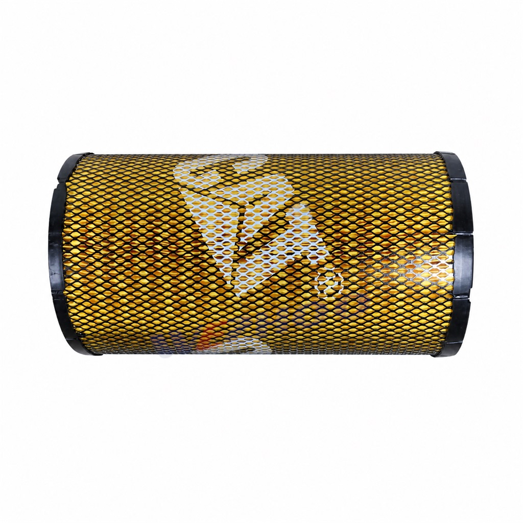 Cylindrical mesh filter element on a white background