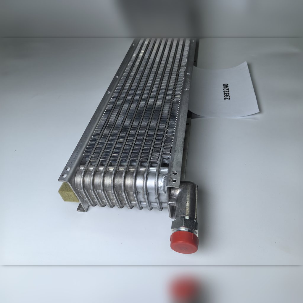 2932240 Hydraulic Oil Cooler Group - angled view of the cooler fins and connector