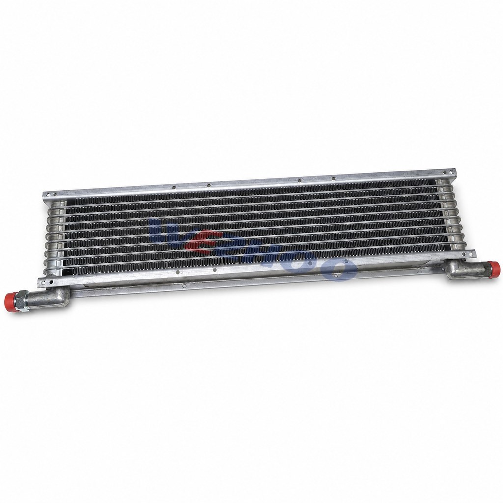 2932240 Hydraulic Oil Cooler Group - isolated finned cooler with a red capped end