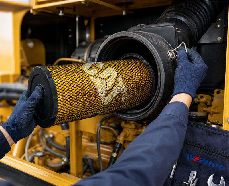 Gloved hands fitting a cylindrical air filter