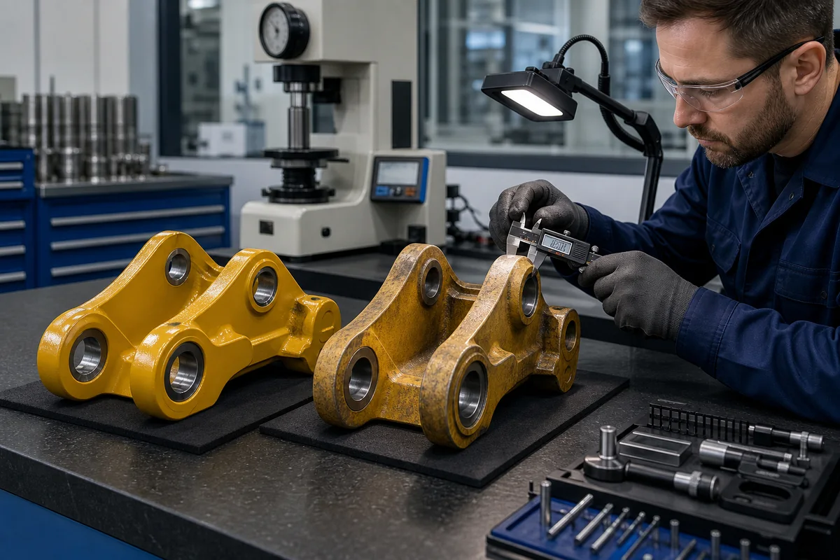 Quality engineer comparing heavy equipment replacement components